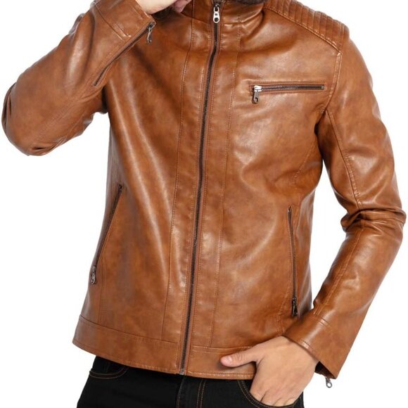 Durable Lightweight Men's Motorcycle Jacket in Brown Faux Leather – XXL Fit - Picture 4 of 5